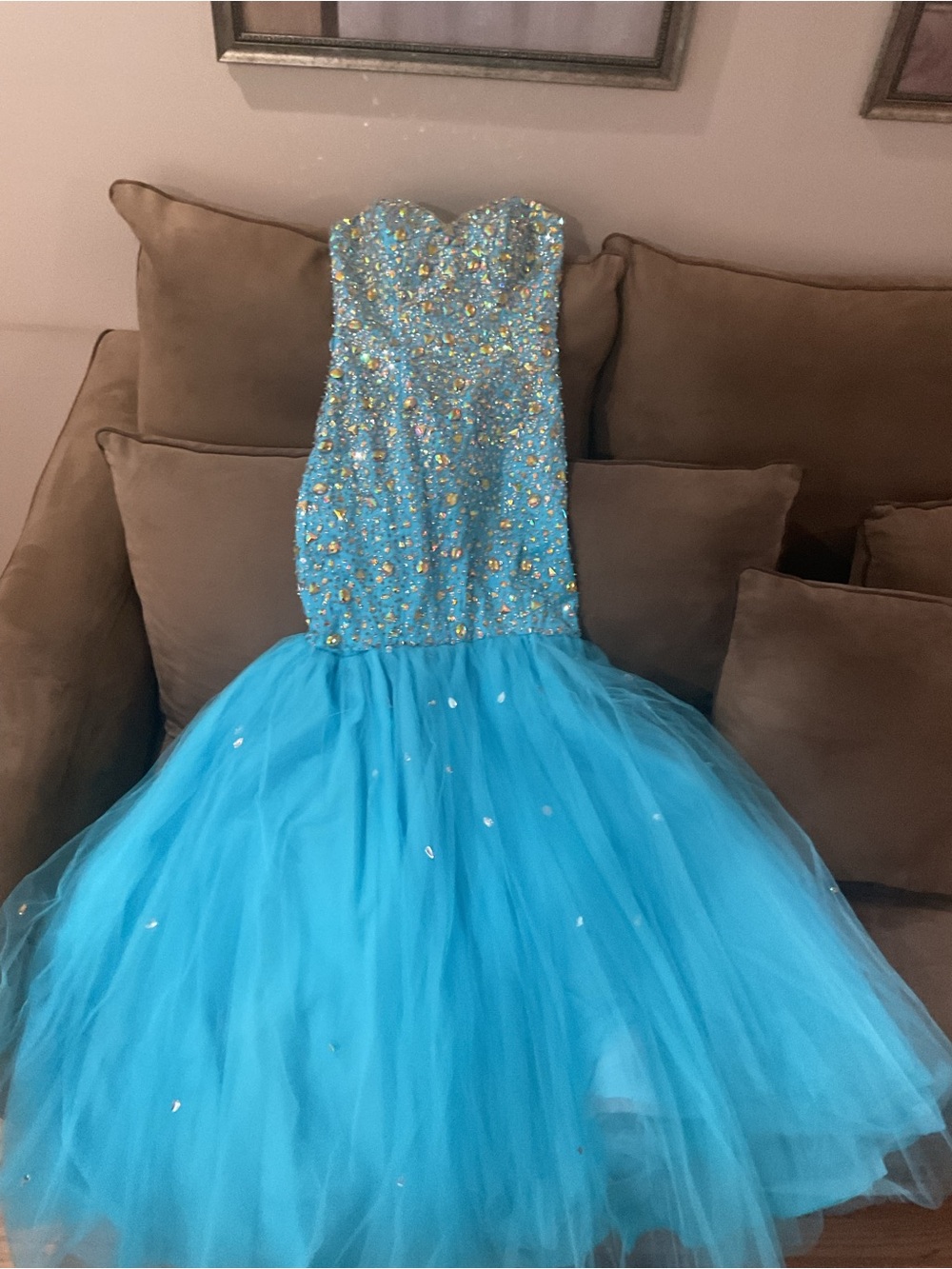 Beaded Aqua Mermaid Tulle Gown - Formal Evening Dress
